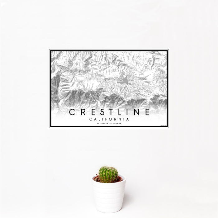 12x18 Crestline California Map Print Landscape Orientation in Classic Style With Small Cactus Plant in White Planter