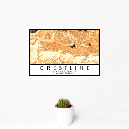 12x18 Crestline California Map Print Landscape Orientation in Ember Style With Small Cactus Plant in White Planter