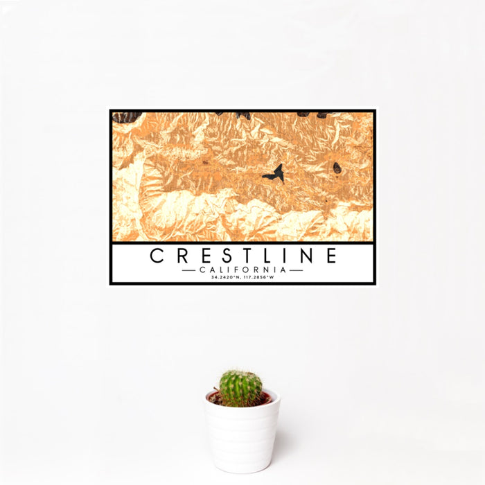 12x18 Crestline California Map Print Landscape Orientation in Ember Style With Small Cactus Plant in White Planter