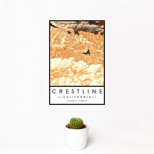 12x18 Crestline California Map Print Portrait Orientation in Ember Style With Small Cactus Plant in White Planter