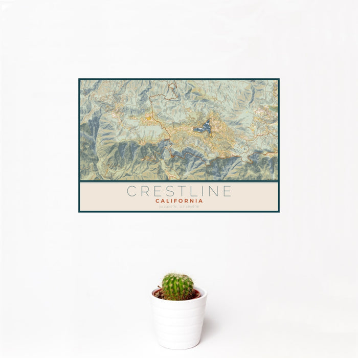 12x18 Crestline California Map Print Landscape Orientation in Woodblock Style With Small Cactus Plant in White Planter