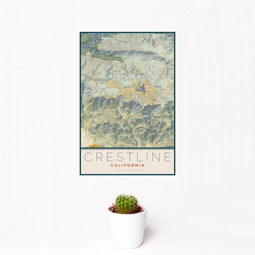 12x18 Crestline California Map Print Portrait Orientation in Woodblock Style With Small Cactus Plant in White Planter