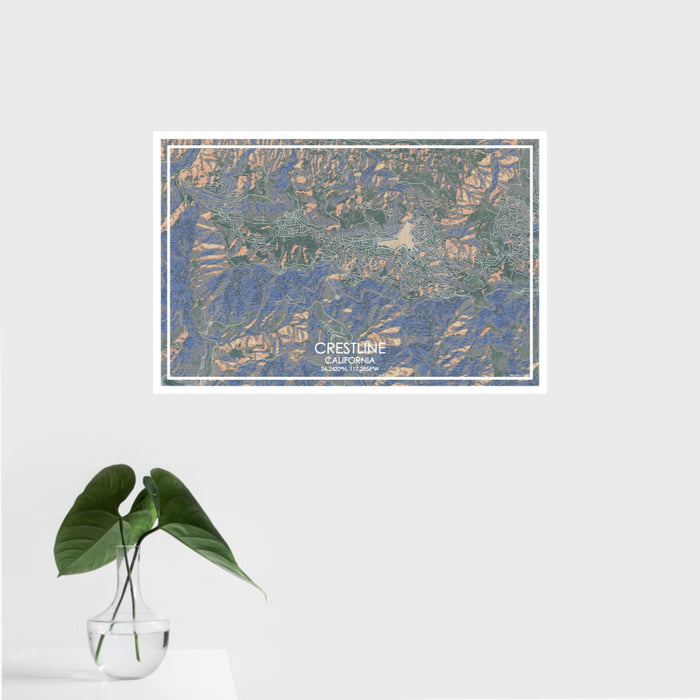 16x24 Crestline California Map Print Landscape Orientation in Afternoon Style With Tropical Plant Leaves in Water