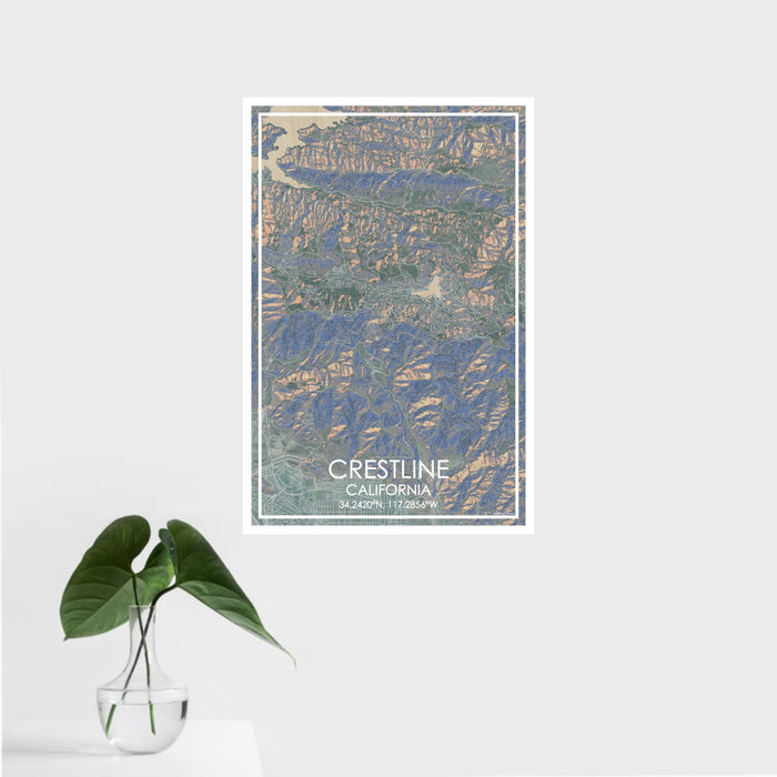 16x24 Crestline California Map Print Portrait Orientation in Afternoon Style With Tropical Plant Leaves in Water