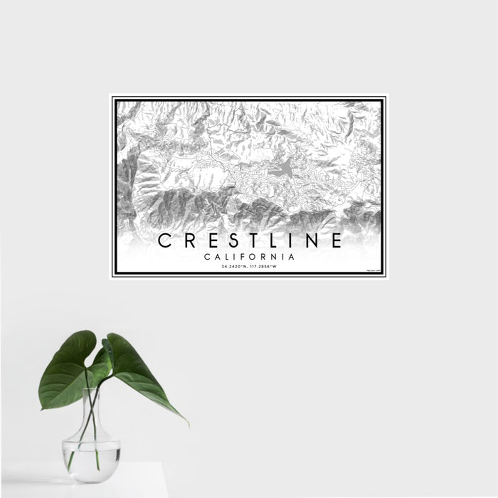 16x24 Crestline California Map Print Landscape Orientation in Classic Style With Tropical Plant Leaves in Water
