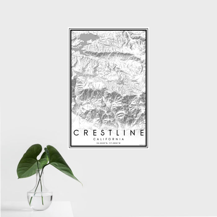 16x24 Crestline California Map Print Portrait Orientation in Classic Style With Tropical Plant Leaves in Water
