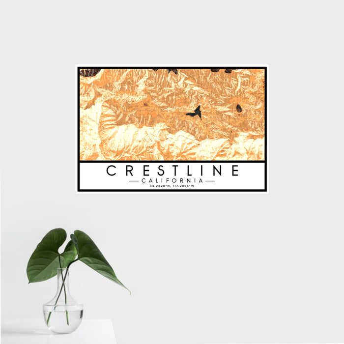 16x24 Crestline California Map Print Landscape Orientation in Ember Style With Tropical Plant Leaves in Water