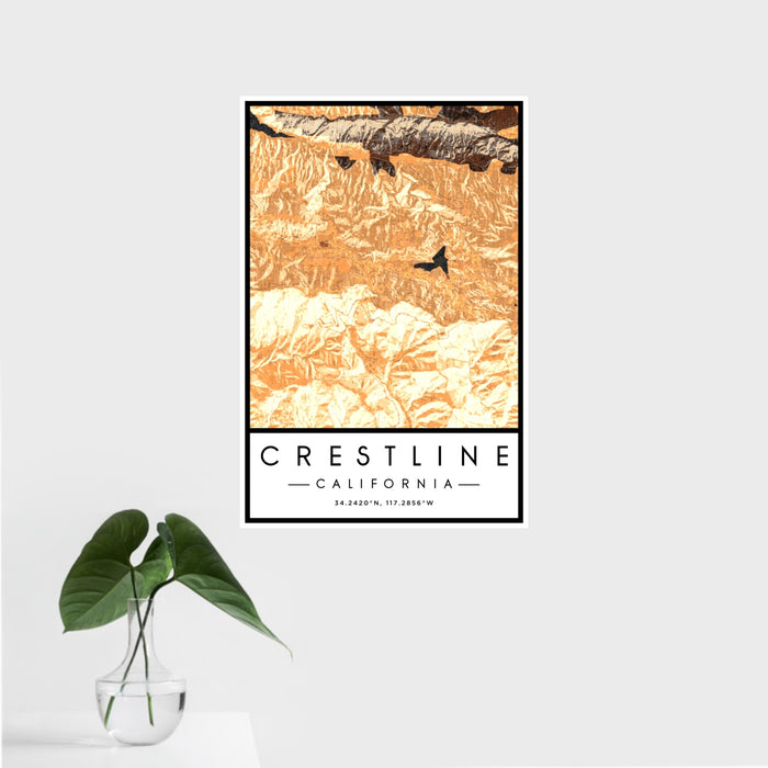 16x24 Crestline California Map Print Portrait Orientation in Ember Style With Tropical Plant Leaves in Water