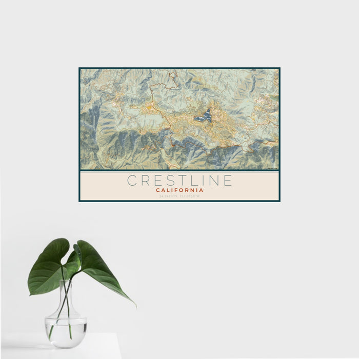 16x24 Crestline California Map Print Landscape Orientation in Woodblock Style With Tropical Plant Leaves in Water