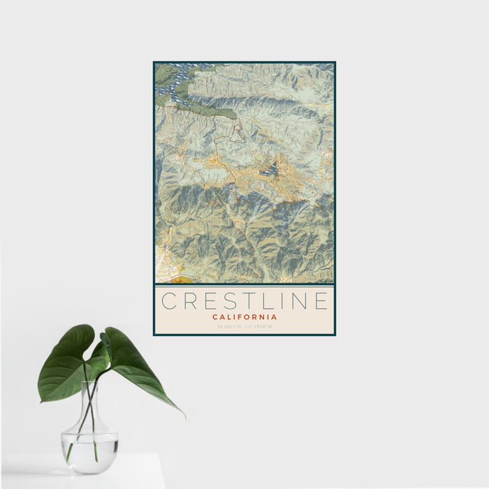 16x24 Crestline California Map Print Portrait Orientation in Woodblock Style With Tropical Plant Leaves in Water