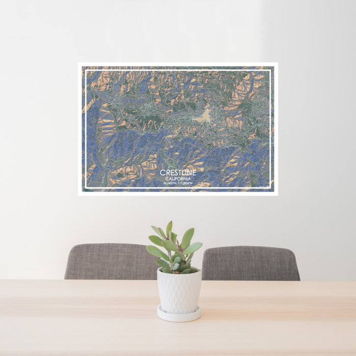 24x36 Crestline California Map Print Lanscape Orientation in Afternoon Style Behind 2 Chairs Table and Potted Plant