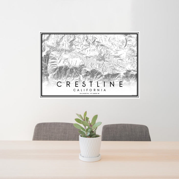 24x36 Crestline California Map Print Lanscape Orientation in Classic Style Behind 2 Chairs Table and Potted Plant