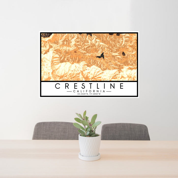 24x36 Crestline California Map Print Lanscape Orientation in Ember Style Behind 2 Chairs Table and Potted Plant