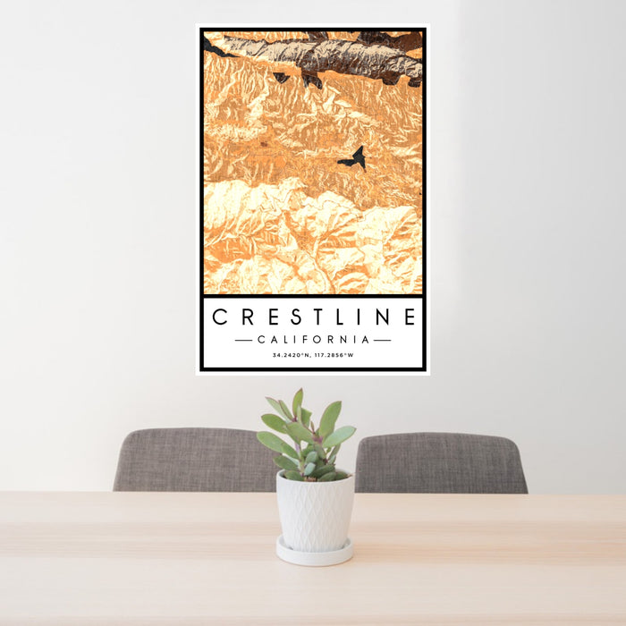 24x36 Crestline California Map Print Portrait Orientation in Ember Style Behind 2 Chairs Table and Potted Plant