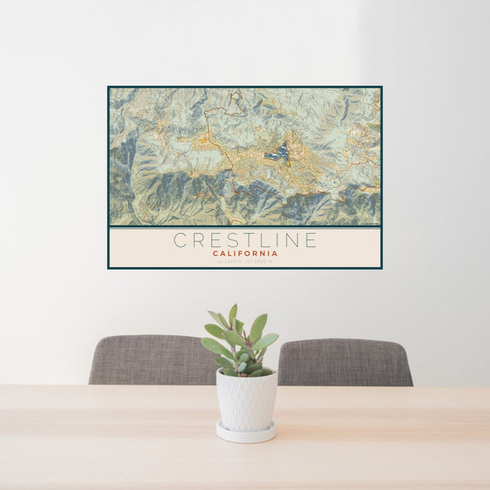 24x36 Crestline California Map Print Lanscape Orientation in Woodblock Style Behind 2 Chairs Table and Potted Plant