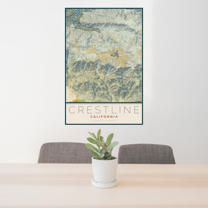 24x36 Crestline California Map Print Portrait Orientation in Woodblock Style Behind 2 Chairs Table and Potted Plant