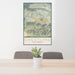 24x36 Crestline California Map Print Portrait Orientation in Woodblock Style Behind 2 Chairs Table and Potted Plant