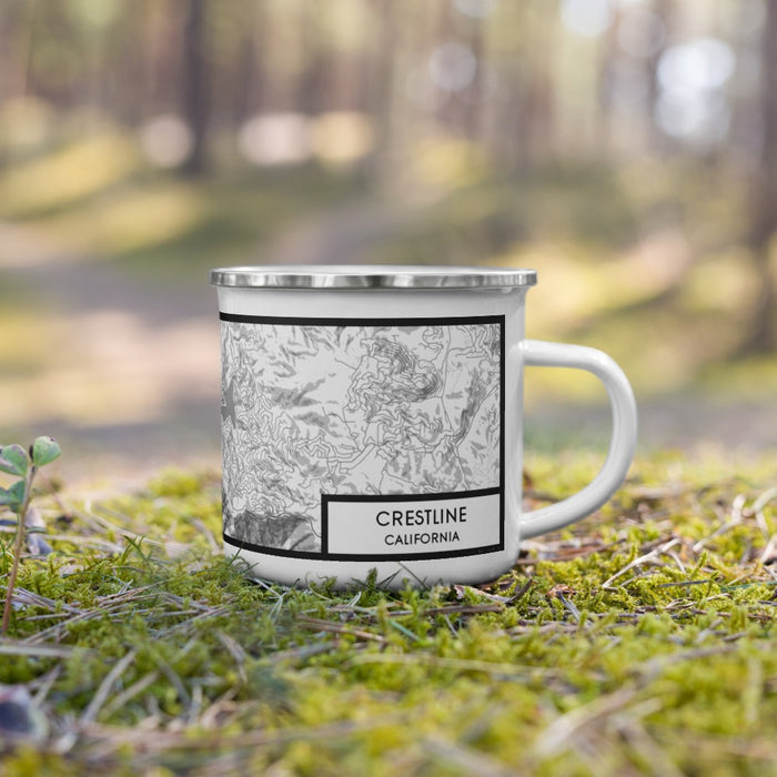 Right View Custom Crestline California Map Enamel Mug in Classic on Grass With Trees in Background