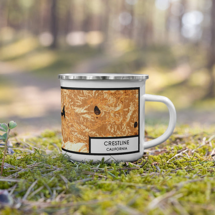 Right View Custom Crestline California Map Enamel Mug in Ember on Grass With Trees in Background