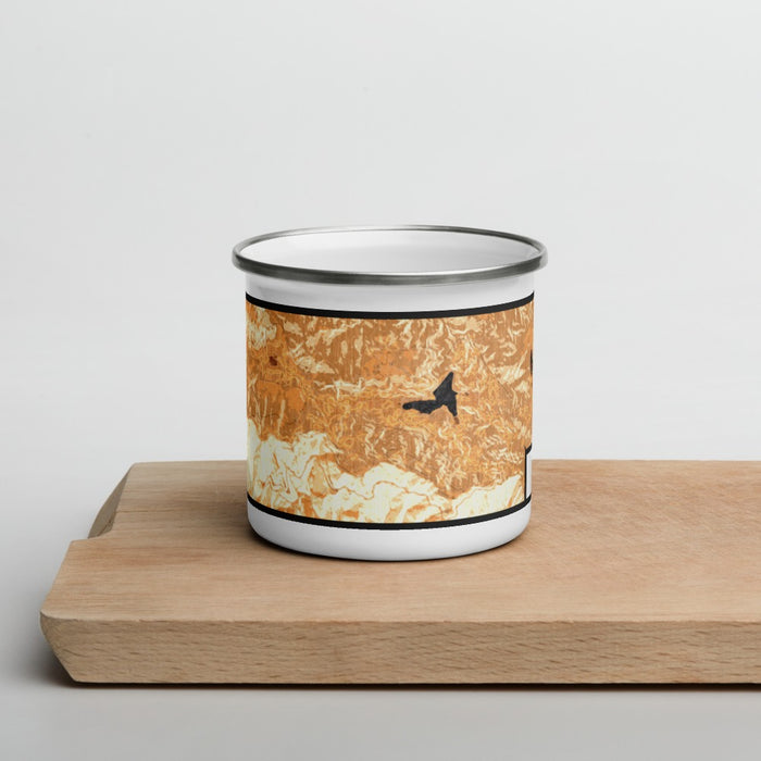 Front View Custom Crestline California Map Enamel Mug in Ember on Cutting Board