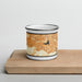 Front View Custom Crestline California Map Enamel Mug in Ember on Cutting Board