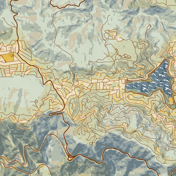 Crestline California Map Print in Woodblock Style Zoomed In Close Up Showing Details