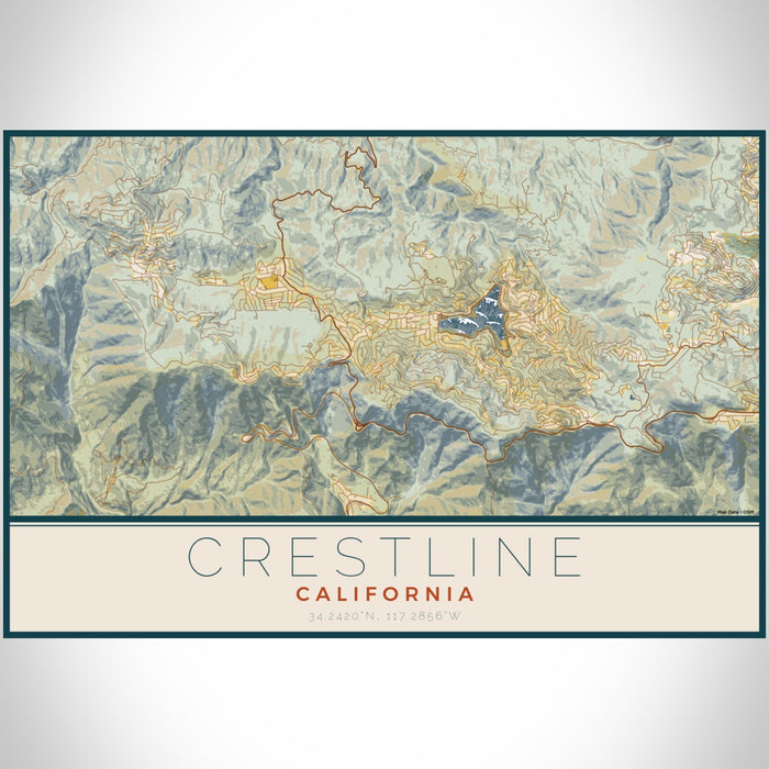Crestline California Map Print Landscape Orientation in Woodblock Style With Shaded Background