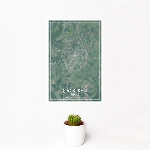 12x18 Crockett Texas Map Print Portrait Orientation in Afternoon Style With Small Cactus Plant in White Planter