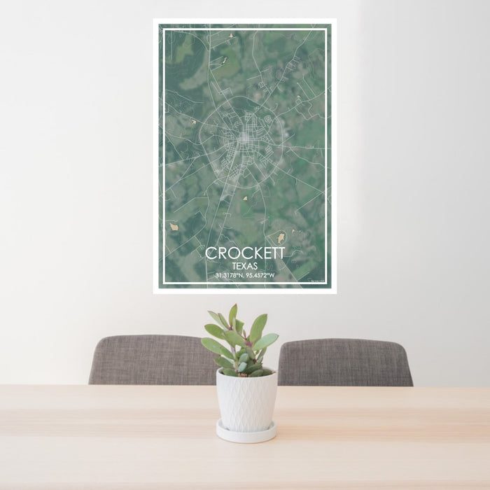 24x36 Crockett Texas Map Print Portrait Orientation in Afternoon Style Behind 2 Chairs Table and Potted Plant