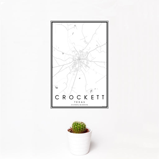 12x18 Crockett Texas Map Print Portrait Orientation in Classic Style With Small Cactus Plant in White Planter
