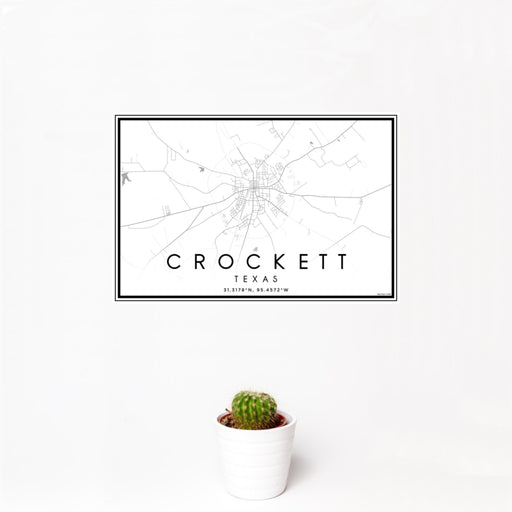 12x18 Crockett Texas Map Print Landscape Orientation in Classic Style With Small Cactus Plant in White Planter