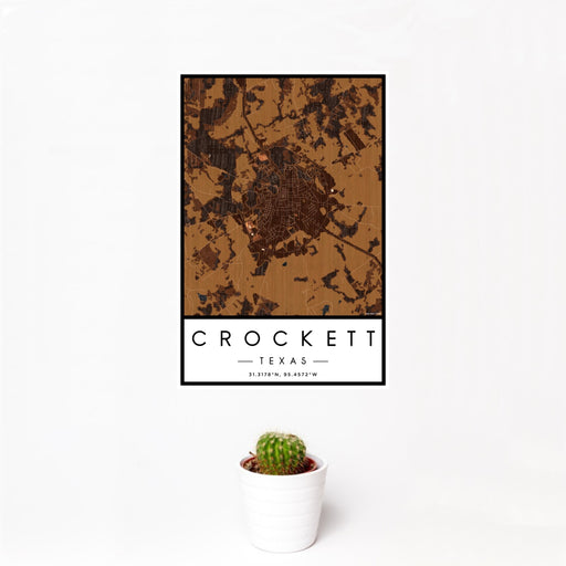 12x18 Crockett Texas Map Print Portrait Orientation in Ember Style With Small Cactus Plant in White Planter
