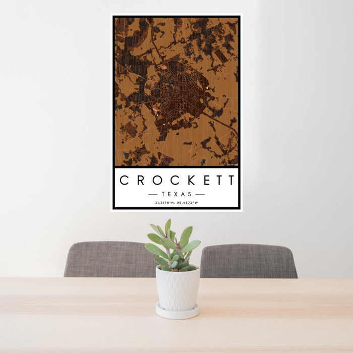 24x36 Crockett Texas Map Print Portrait Orientation in Ember Style Behind 2 Chairs Table and Potted Plant