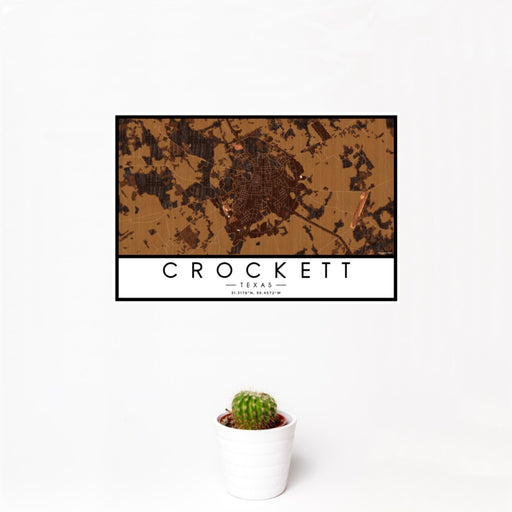 12x18 Crockett Texas Map Print Landscape Orientation in Ember Style With Small Cactus Plant in White Planter