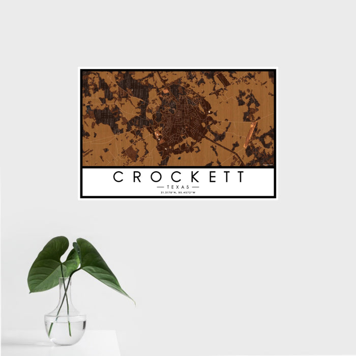 16x24 Crockett Texas Map Print Landscape Orientation in Ember Style With Tropical Plant Leaves in Water