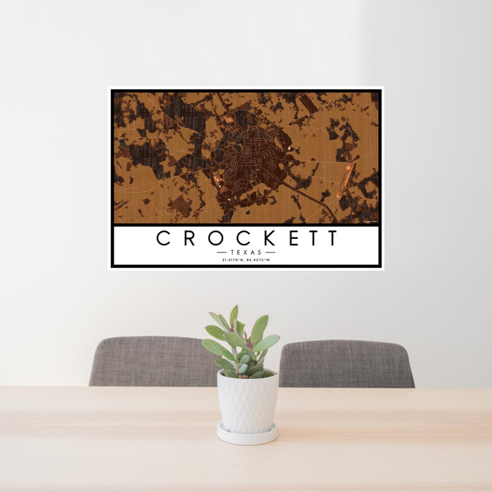 24x36 Crockett Texas Map Print Landscape Orientation in Ember Style Behind 2 Chairs Table and Potted Plant