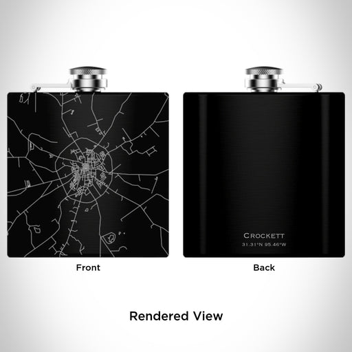 Rendered View of Crockett Texas Map Engraving on 6oz Stainless Steel Flask in Black