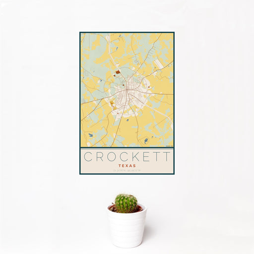12x18 Crockett Texas Map Print Portrait Orientation in Woodblock Style With Small Cactus Plant in White Planter