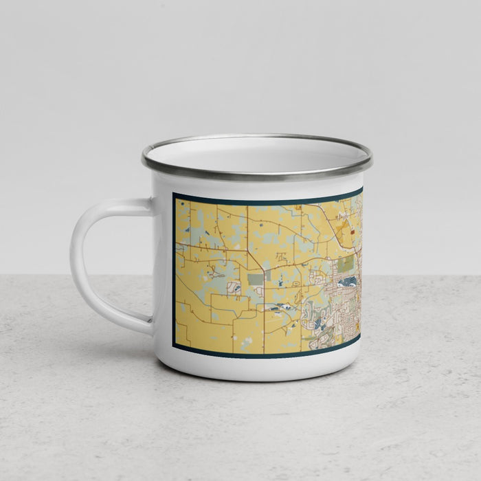 Left View Custom Crystal Lake Illinois Map Enamel Mug in Woodblock