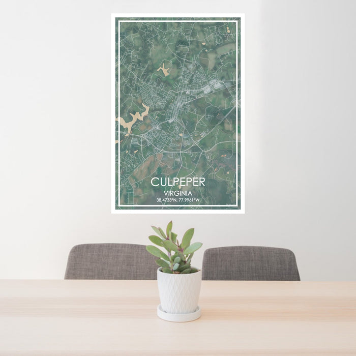 24x36 Culpeper Virginia Map Print Portrait Orientation in Afternoon Style Behind 2 Chairs Table and Potted Plant