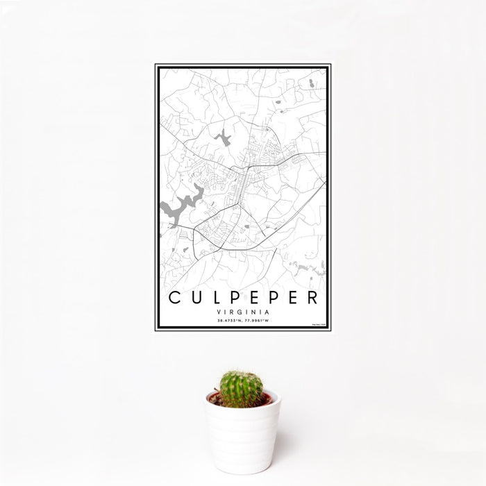 12x18 Culpeper Virginia Map Print Portrait Orientation in Classic Style With Small Cactus Plant in White Planter