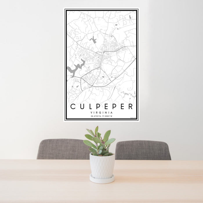 24x36 Culpeper Virginia Map Print Portrait Orientation in Classic Style Behind 2 Chairs Table and Potted Plant