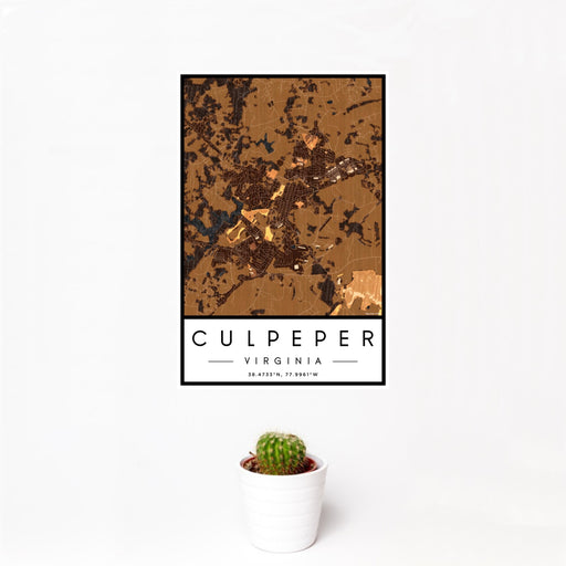 12x18 Culpeper Virginia Map Print Portrait Orientation in Ember Style With Small Cactus Plant in White Planter