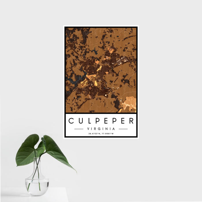 16x24 Culpeper Virginia Map Print Portrait Orientation in Ember Style With Tropical Plant Leaves in Water