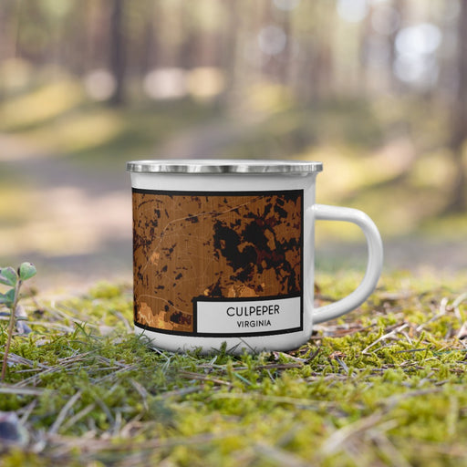 Right View Custom Culpeper Virginia Map Enamel Mug in Ember on Grass With Trees in Background