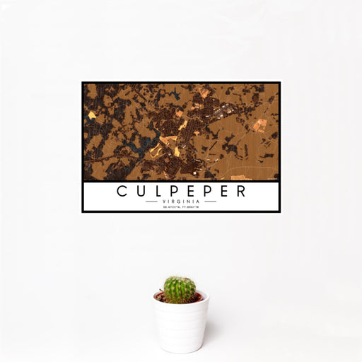 12x18 Culpeper Virginia Map Print Landscape Orientation in Ember Style With Small Cactus Plant in White Planter