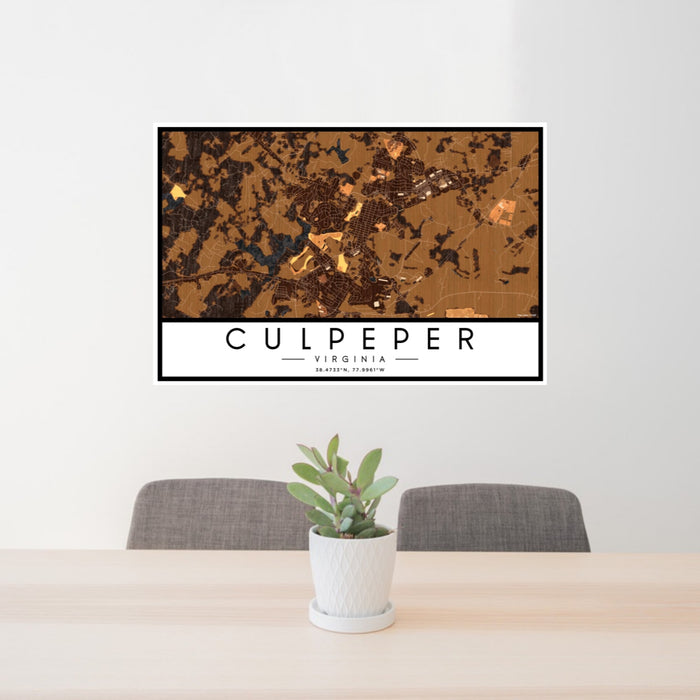 24x36 Culpeper Virginia Map Print Landscape Orientation in Ember Style Behind 2 Chairs Table and Potted Plant