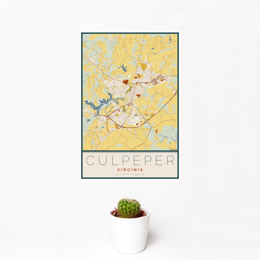12x18 Culpeper Virginia Map Print Portrait Orientation in Woodblock Style With Small Cactus Plant in White Planter