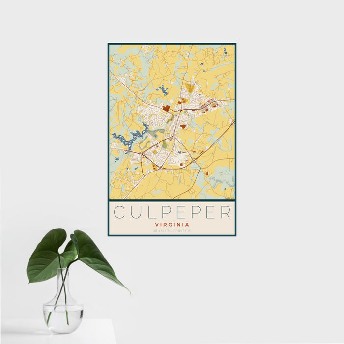 16x24 Culpeper Virginia Map Print Portrait Orientation in Woodblock Style With Tropical Plant Leaves in Water