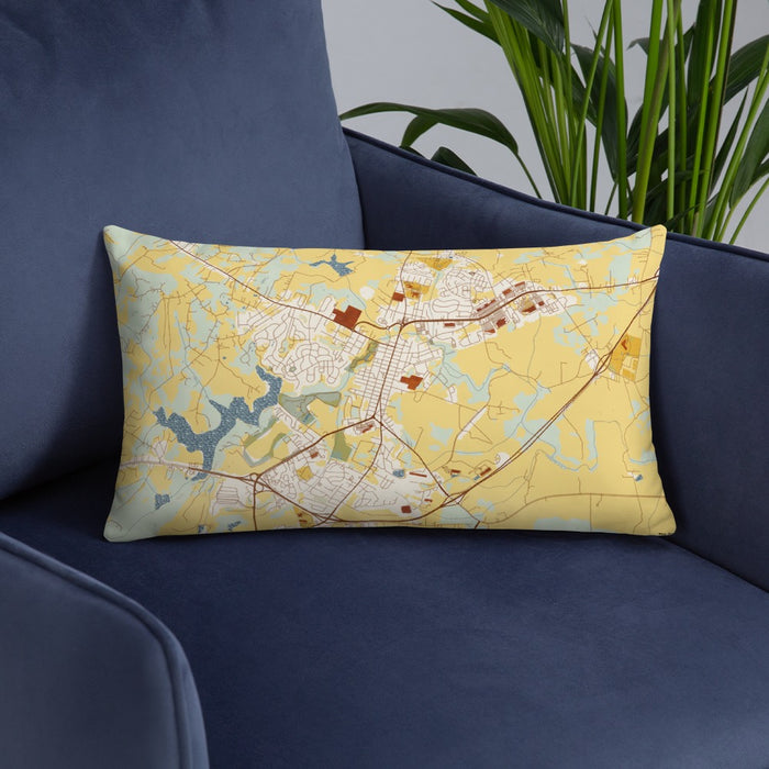Custom Culpeper Virginia Map Throw Pillow in Woodblock on Blue Colored Chair